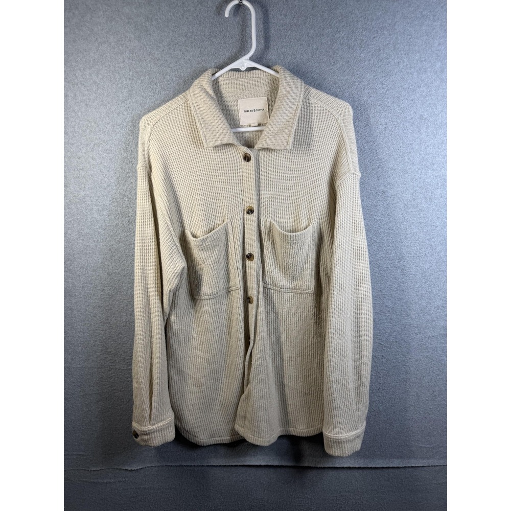 Thread & Supply Cardigan Sweater Womens Medium Beige Waffle Knit Button Front